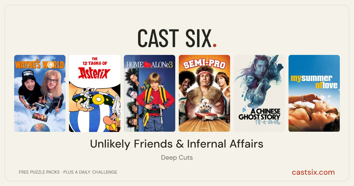 Unlikely Friends & Infernal Affairs: a Cast Six movie puzzle. Six movie posters in a row: Wayne's World, The Twelve Tasks of Asterix, Home Alone 3, Semi-Pro, A Chinese Ghost Story, My Summer of Love. Six movies, six categories, three checks. Free to play at castsix.com.
