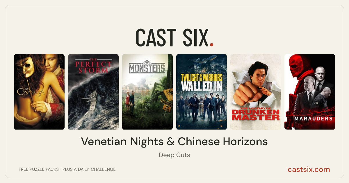 Venetian Nights & Chinese Horizons: a Cast Six movie puzzle. Six movie posters in a row: Casanova, The Perfect Storm, Monsters, Twilight of the Warriors: Walled In, The Legend of Drunken Master, Marauders. Six movies, six categories, three checks. Free to play at castsix.com.