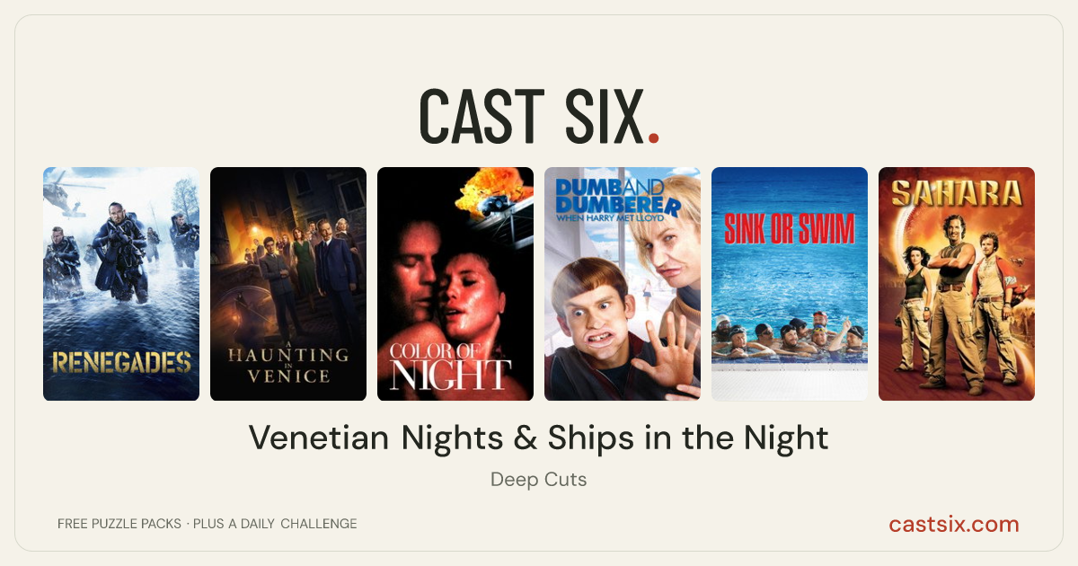 Venetian Nights & Ships in the Night: a Cast Six movie puzzle. Six movie posters in a row: Renegades, A Haunting in Venice, Color of Night, Dumb and Dumberer: When Harry Met Lloyd, Sink or Swim, Sahara. Six movies, six categories, three checks. Free to play at castsix.com.