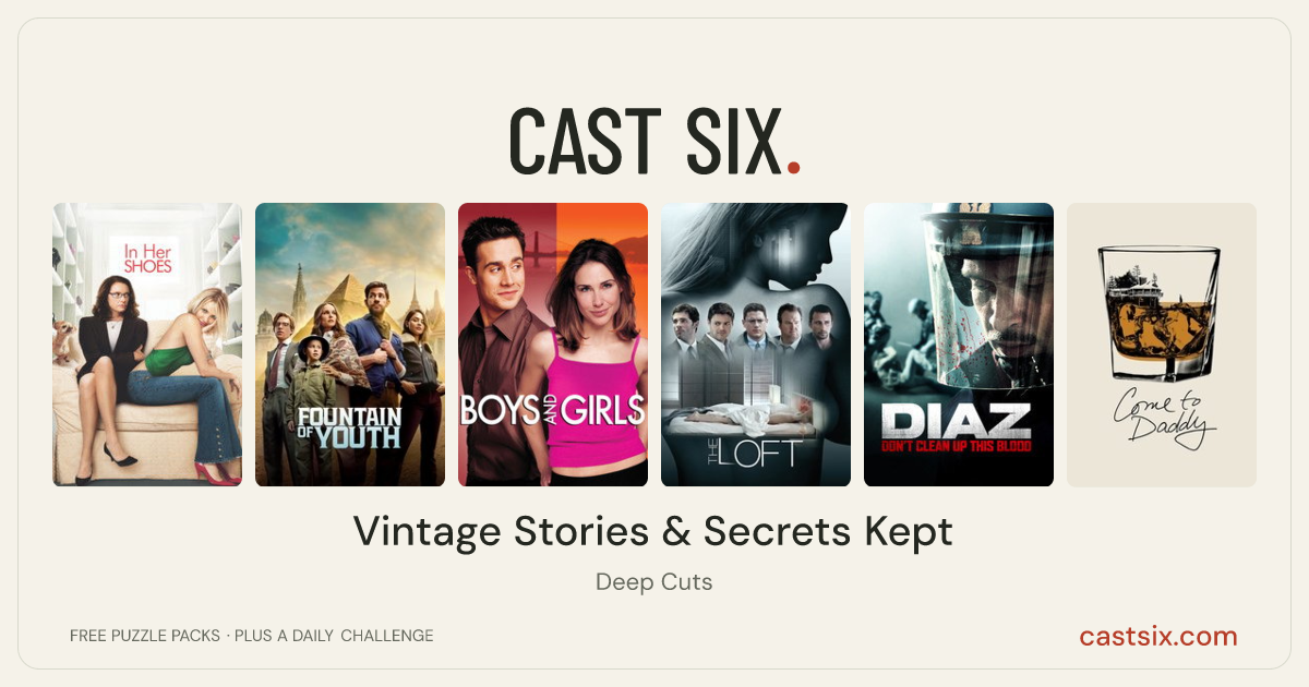 Vintage Stories & Secrets Kept: a Cast Six movie puzzle. Six movie posters in a row: In Her Shoes, Fountain of Youth, Boys and Girls, The Loft, Diaz - Don't Clean Up This Blood, Come to Daddy. Six movies, six categories, three checks. Free to play at castsix.com.