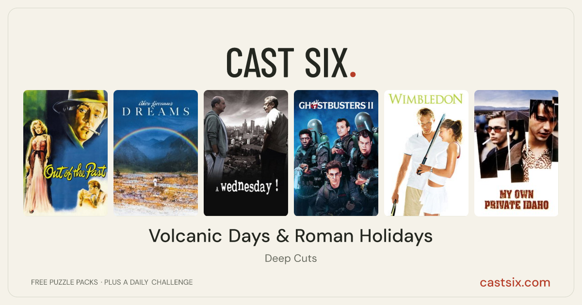 Volcanic Days & Roman Holidays: a Cast Six movie puzzle. Six movie posters in a row: Out of the Past, Dreams, A Wednesday!, Ghostbusters II, Wimbledon, My Own Private Idaho. Six movies, six categories, three checks. Free to play at castsix.com.