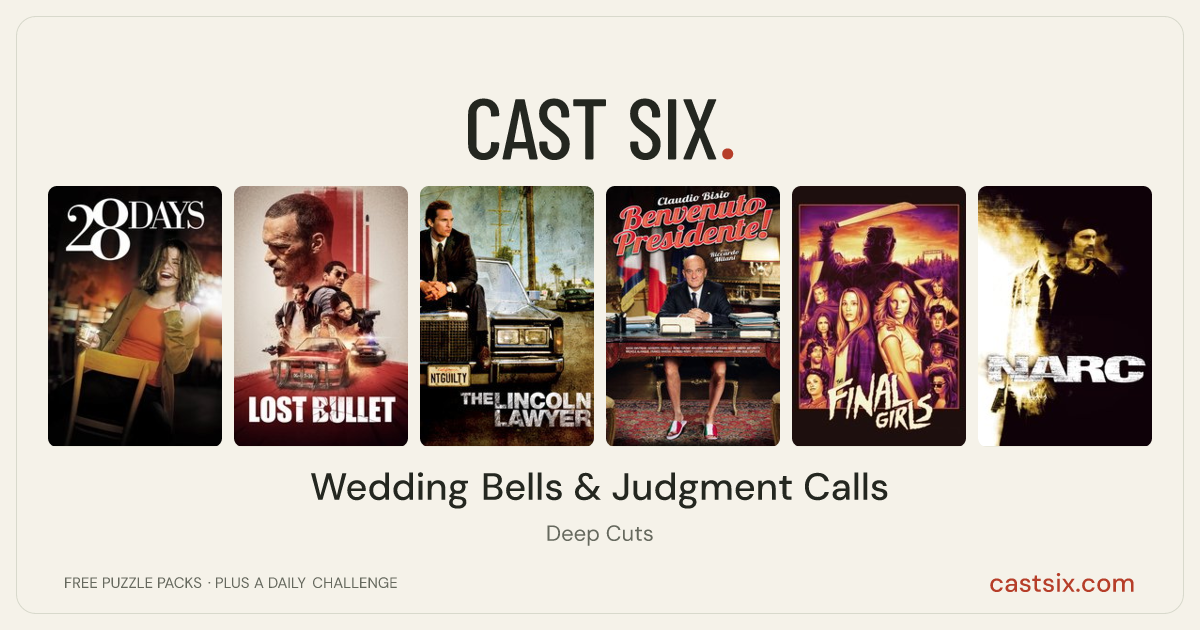 Wedding Bells & Judgment Calls: a Cast Six movie puzzle. Six movie posters in a row: 28 Days, Lost Bullet, The Lincoln Lawyer, Welcome Mr. President!, The Final Girls, Narc. Six movies, six categories, three checks. Free to play at castsix.com.