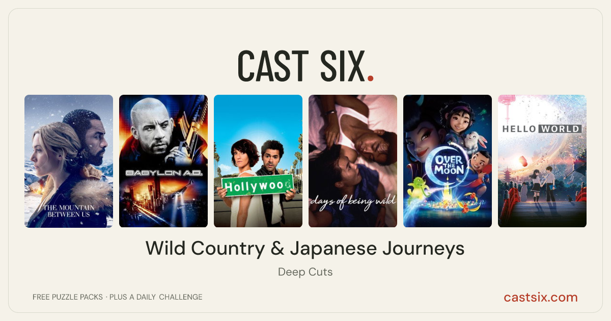 Wild Country & Japanese Journeys: a Cast Six movie puzzle. Six movie posters in a row: The Mountain Between Us, Babylon A.D., Hollywoo, Days of Being Wild, Over the Moon, Hello World. Six movies, six categories, three checks. Free to play at castsix.com.
