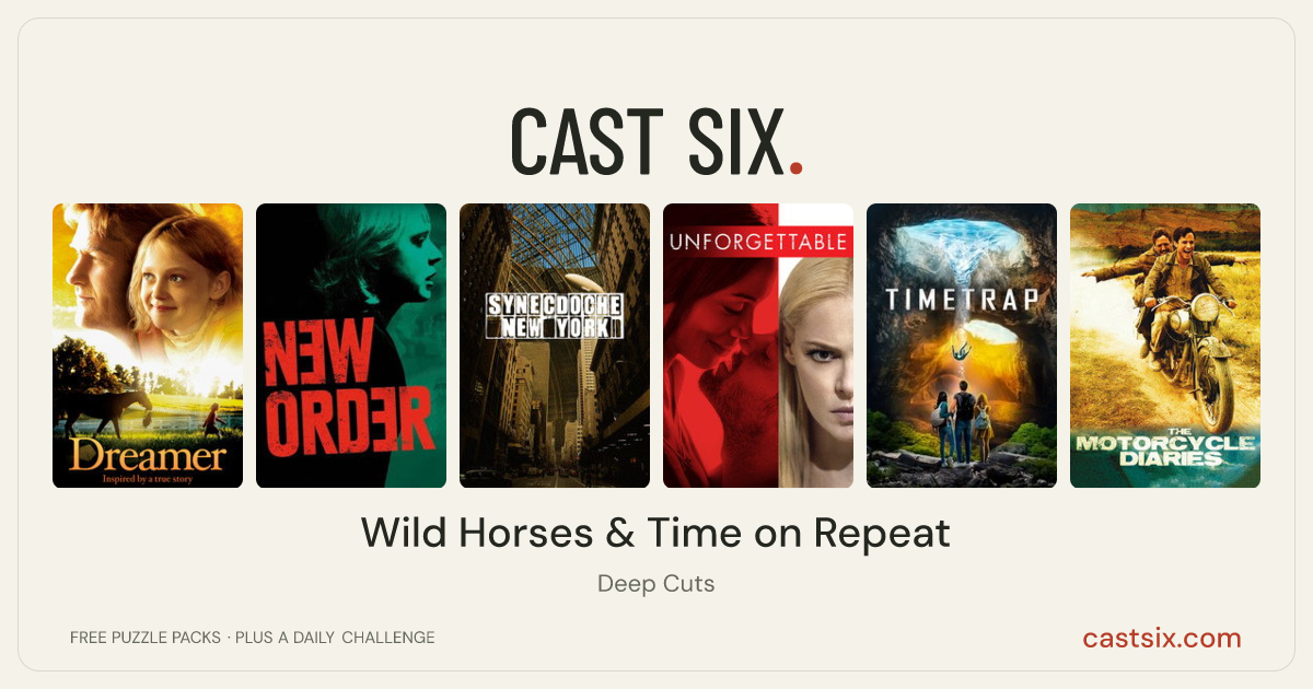Wild Horses & Time on Repeat: a Cast Six movie puzzle. Six movie posters in a row: Dreamer: Inspired By a True Story, New Order, Synecdoche, New York, Unforgettable, Time Trap, The Motorcycle Diaries. Six movies, six categories, three checks. Free to play at castsix.com.