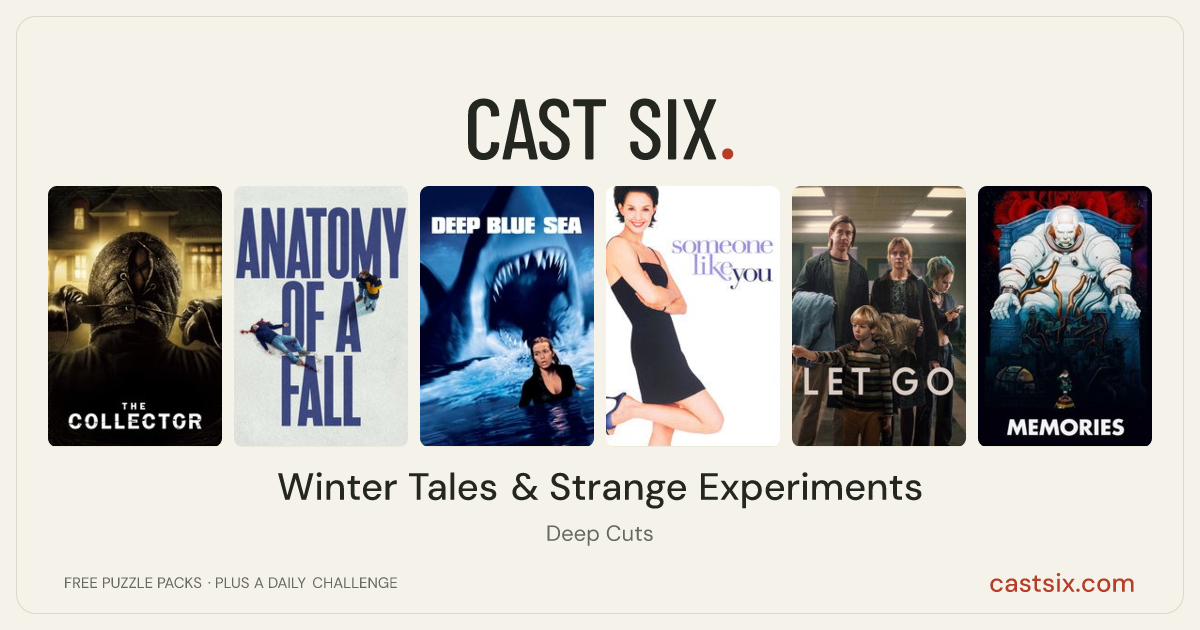Winter Tales & Strange Experiments: a Cast Six movie puzzle. Six movie posters in a row: The Collector, Anatomy of a Fall, Deep Blue Sea, Someone Like You..., Let Go, Memories. Six movies, six categories, three checks. Free to play at castsix.com.