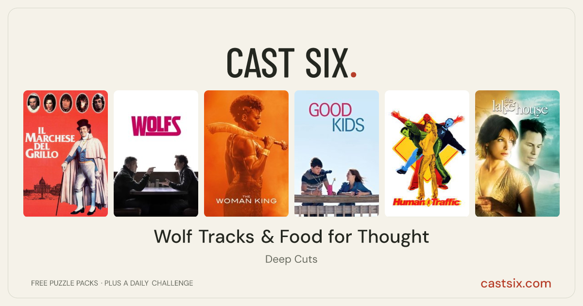Wolf Tracks & Food for Thought: a Cast Six movie puzzle. Six movie posters in a row: The Marquis of Grillo, Wolfs, The Woman King, Good Kids, Human Traffic, The Lake House. Six movies, six categories, three checks. Free to play at castsix.com.