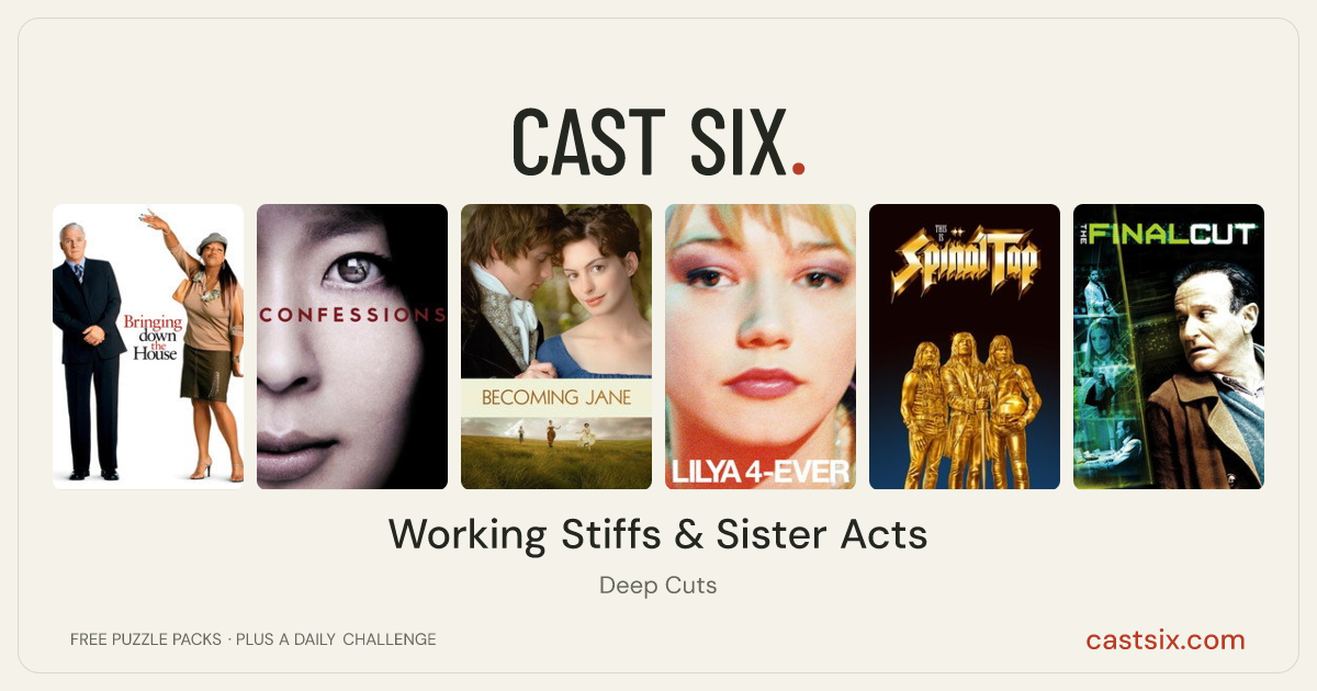 Working Stiffs & Sister Acts: a Cast Six movie puzzle. Six movie posters in a row: Bringing Down the House, Confessions, Becoming Jane, Lilya 4-ever, This Is Spinal Tap, The Final Cut. Six movies, six categories, three checks. Free to play at castsix.com.